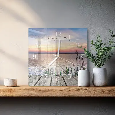 Čtvercové skleněné hodiny na zeď Jezero