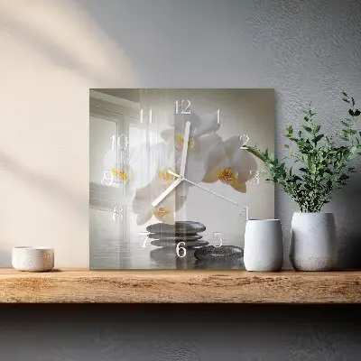 Čtvercové skleněné hodiny na zeď Orchidej
