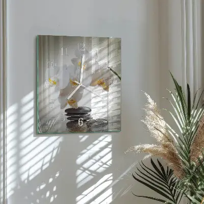 Čtvercové skleněné hodiny na zeď Orchidej