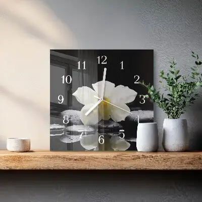 Nástěnné hodiny skleněné čtvercové Kameny a orchidej