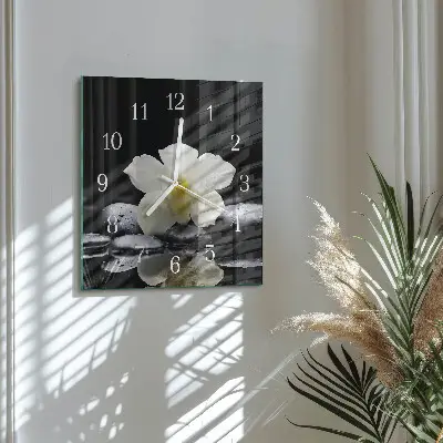 Nástěnné hodiny skleněné čtvercové Kameny a orchidej