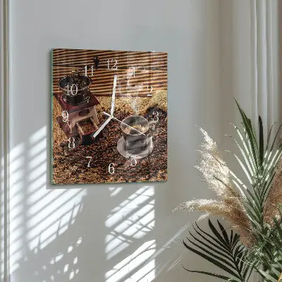 Hodiny na skle čtvercové Kávová zrna