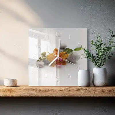 Čtvercové skleněné hodiny na stěnu Orchidej