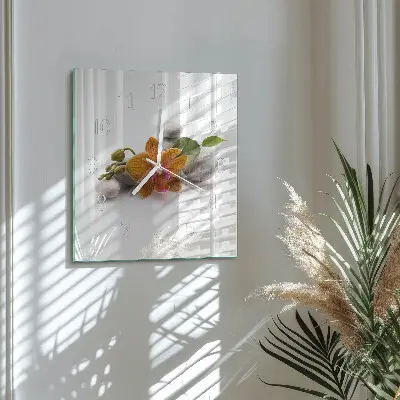 Čtvercové skleněné hodiny na stěnu Orchidej