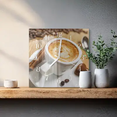 Čtvercové skleněné hodiny na stěnu Káva