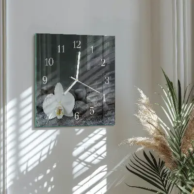 Nástěnné hodiny skleněné čtvercové Květina a kameny