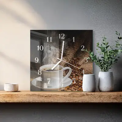 Čtvercové skleněné hodiny na zeď Káva