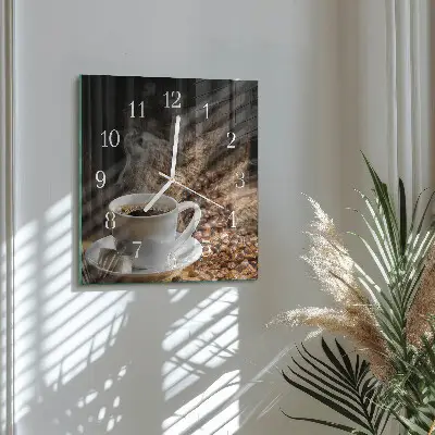 Čtvercové skleněné hodiny na zeď Káva