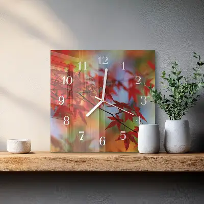 Čtvercové skleněné hodiny na zeď Javorové listy