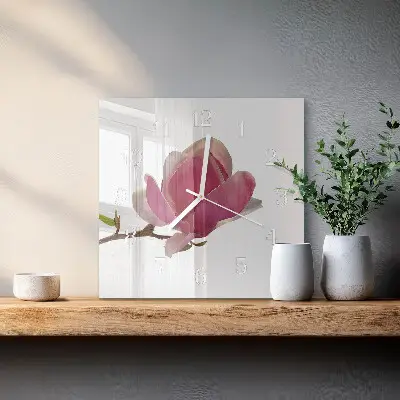 Čtvercové skleněné hodiny na zeď Květ magnólie