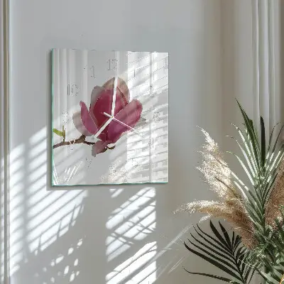 Čtvercové skleněné hodiny na zeď Květ magnólie