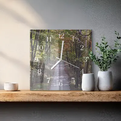 Čtvercové skleněné hodiny na stěnu Lesní cesta