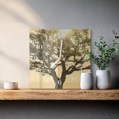 Čtvercové skleněné hodiny na zeď Strom