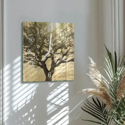 Čtvercové skleněné hodiny na zeď Strom