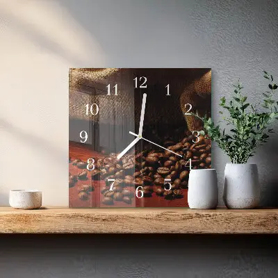 Čtvercové skleněné hodiny na zeď Kávová zrna