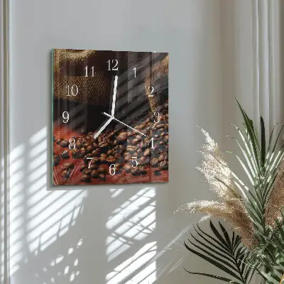 Čtvercové skleněné hodiny na zeď Kávová zrna