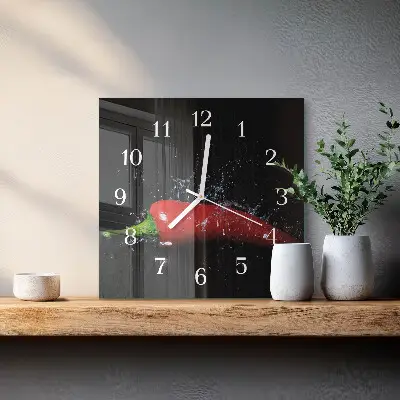 Čtvercové skleněné hodiny na zeď Chilli papričky