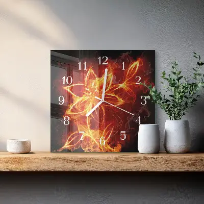 Čtvercové skleněné hodiny na stěnu Ohnivá květina