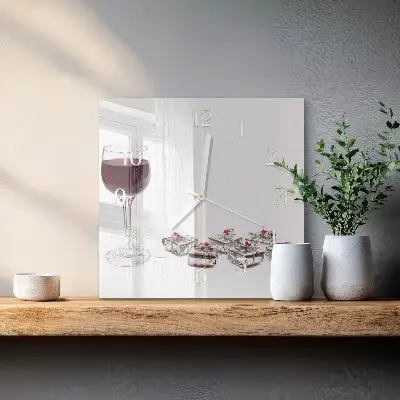 Čtvercové skleněné hodiny na stěnu Sklenka vína