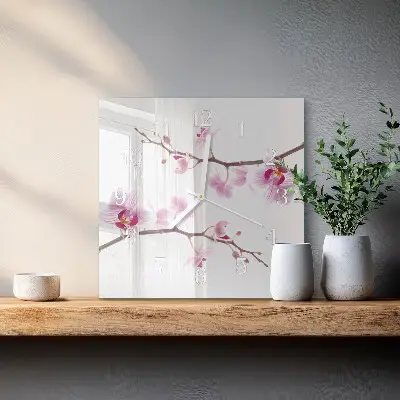 Čtvercové skleněné hodiny na zeď Orchidej