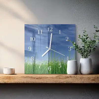 Čtvercové skleněné hodiny na zeď Tráva