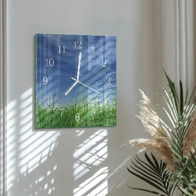 Čtvercové skleněné hodiny na zeď Tráva