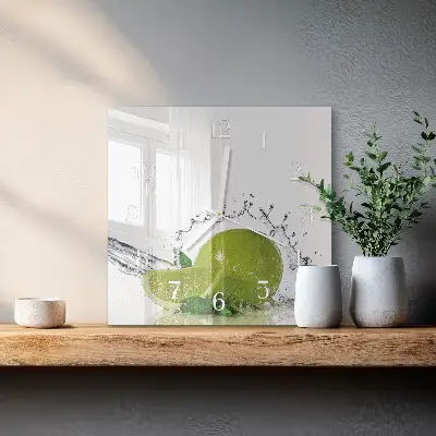 Hodiny na skle čtvercové Voda s limetkou