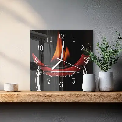 Čtvercové skleněné hodiny na zeď Pikantní chilli
