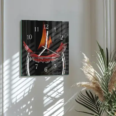 Čtvercové skleněné hodiny na zeď Pikantní chilli