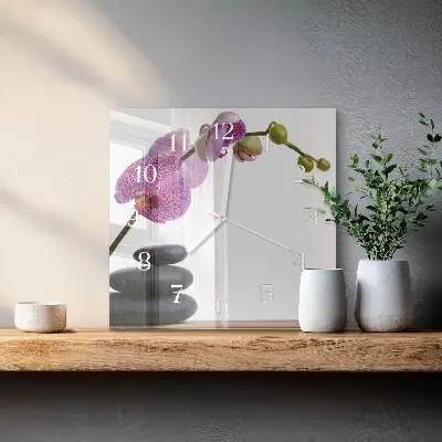 Čtvercové skleněné hodiny na zeď Orchidej