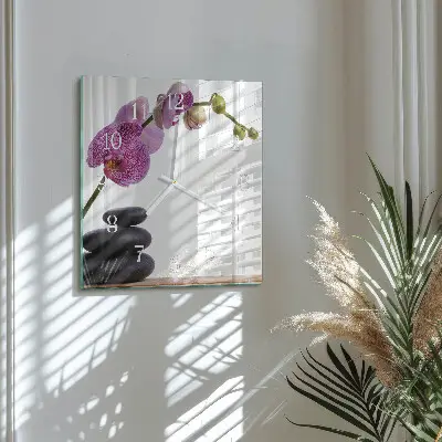 Čtvercové skleněné hodiny na zeď Orchidej