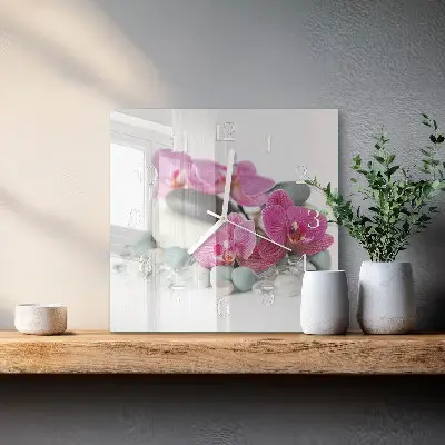 Čtvercové skleněné hodiny na zeď Orchideje