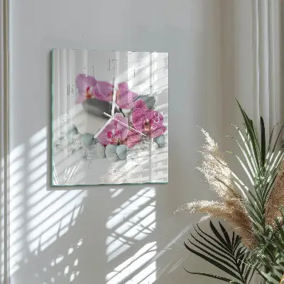 Čtvercové skleněné hodiny na zeď Orchideje