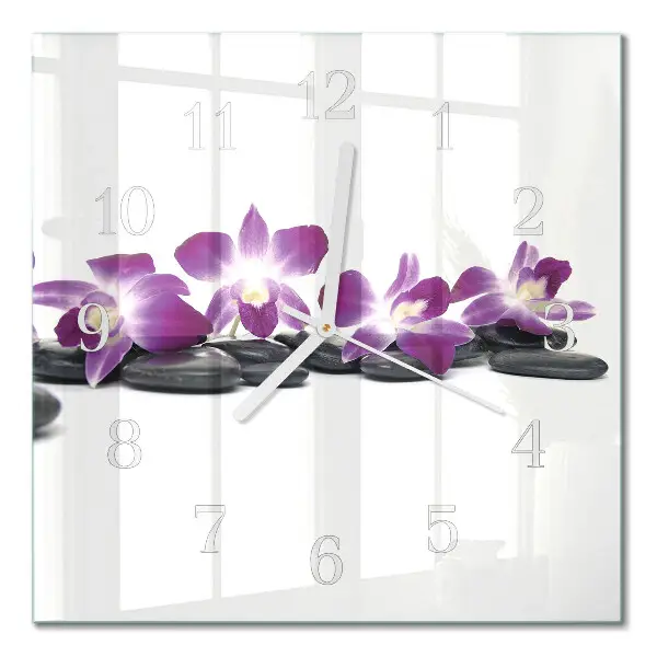 Čtvercové skleněné hodiny na zeď Orchidej