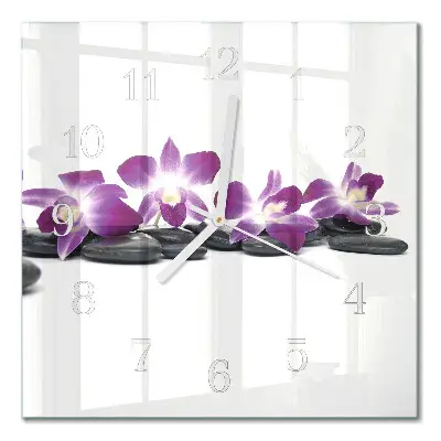 Čtvercové skleněné hodiny na zeď Orchidej