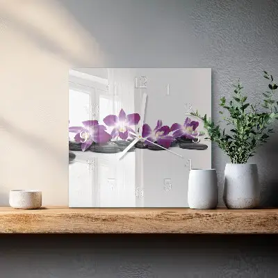 Čtvercové skleněné hodiny na zeď Orchidej