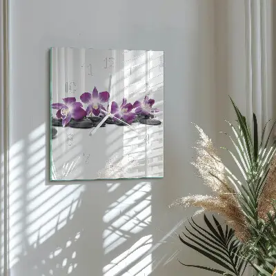 Čtvercové skleněné hodiny na zeď Orchidej