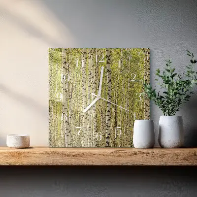 Čtvercové skleněné hodiny na zeď Březový les