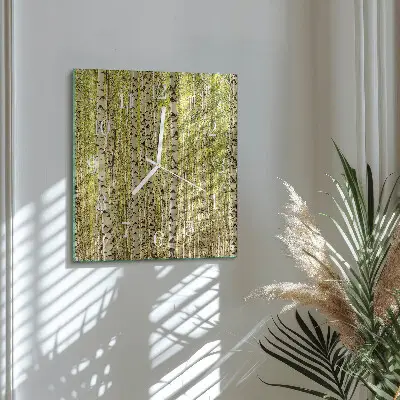 Čtvercové skleněné hodiny na zeď Březový les