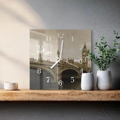 Nástěnné hodiny skleněné čtvercové Most v sépiové barvě