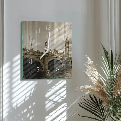 Nástěnné hodiny skleněné čtvercové Most v sépiové barvě