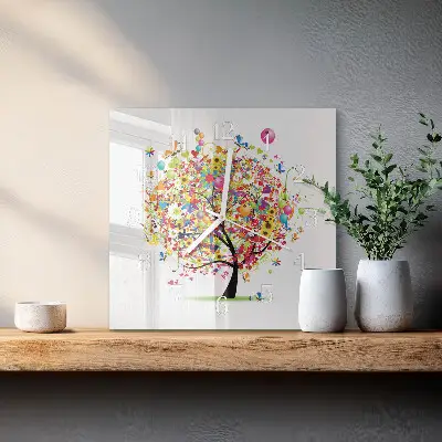 Čtvercové skleněné hodiny na zeď Barevný strom