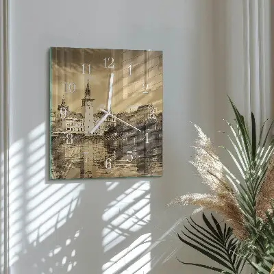 Hodiny na skle čtvercové Hrad v sépiovém odstínu