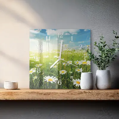 Čtvercové skleněné hodiny na zeď Sedmikrásky