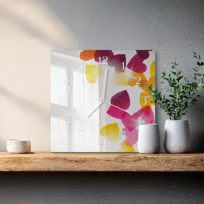 Čtvercové skleněné hodiny na zeď Barevná srdce