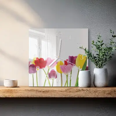 Hodiny s fotkou skleněné čtvercové Barevné tulipány