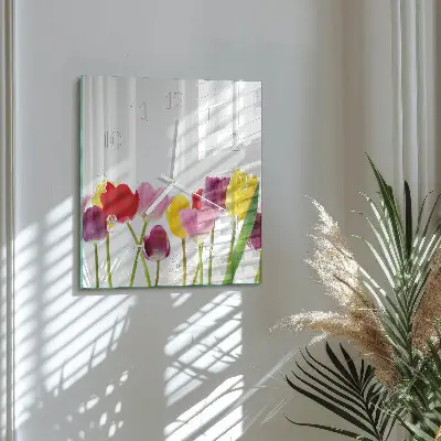 Hodiny s fotkou skleněné čtvercové Barevné tulipány