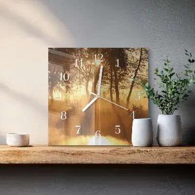 Čtvercové skleněné hodiny na zeď Stromy v mlze