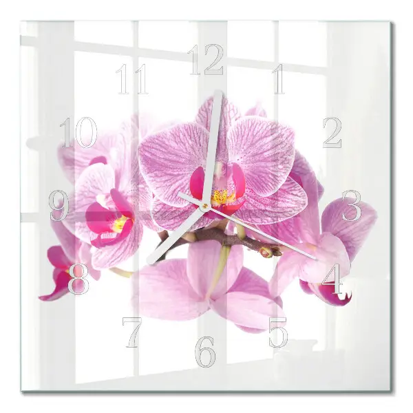 Čtvercové skleněné hodiny na stěnu Orchideje