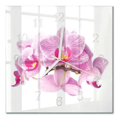 Čtvercové skleněné hodiny na stěnu Orchideje